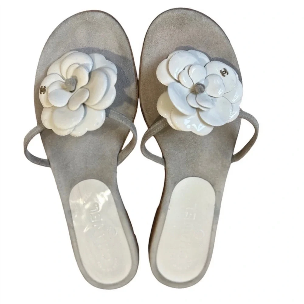 CHANEL Leather Camellia Flip Flop Sandals
